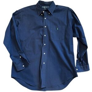 Vintage Y2K Ralph Lauren Men's Navy Blue Blake Shirt Green Pony Button Down